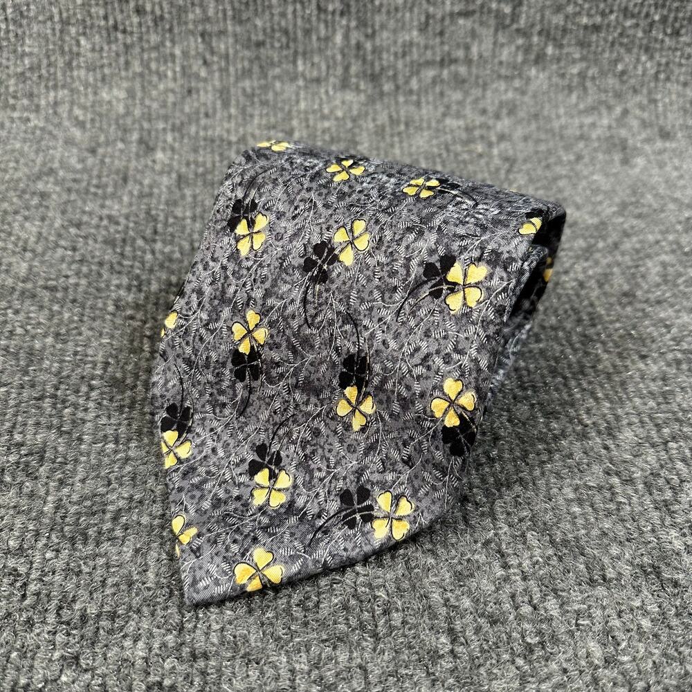 Givenchy Paris Men's Silk Neck Tie Allover 4 Leaf Clover Grey Gold Luck Luxury